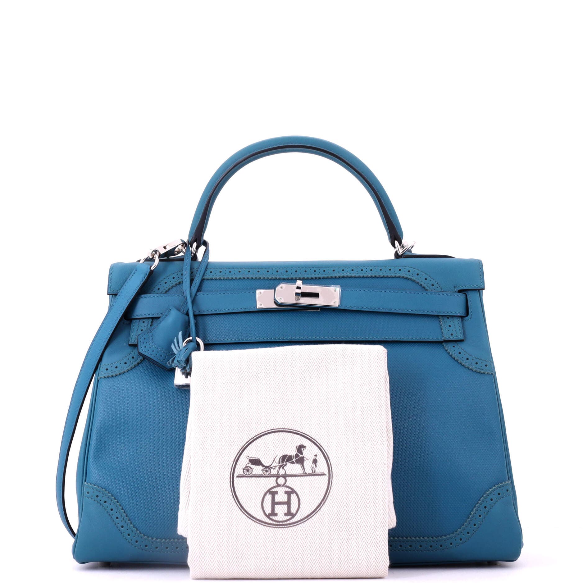 Pre-Owned Hermes Kelly Ghillies Handbag Blue Grain d'H and Swift with Palladium Hardware 32, Alternate, color, Colvert