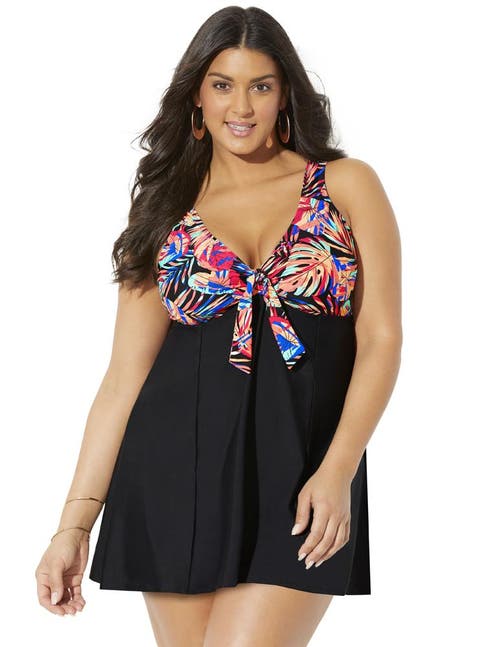 Swimsuits For All Tie Front V-neck Swimdress In Black