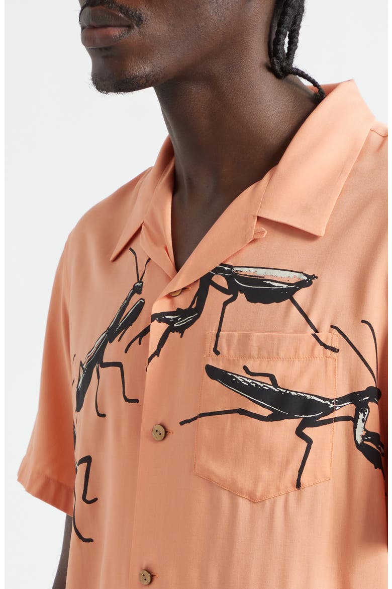 Praying Mantis Print Camp Shirt, Alternate, color, PEACH