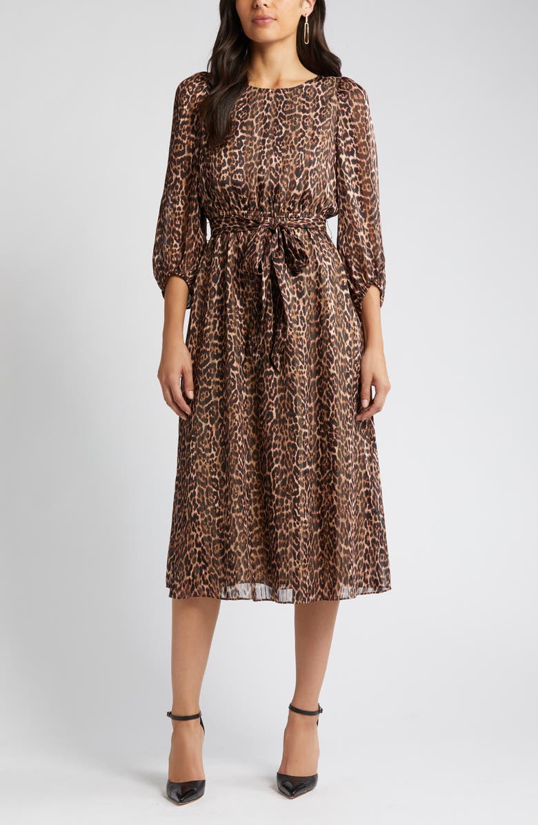 Anne Klein Metallic Leopard Print Long Sleeve Dress, Alternate, color,