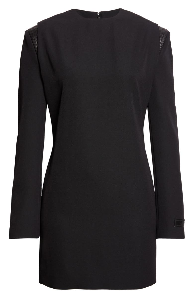 Versace Leather Trim Long Sleeve Wool Grain de Poudre Minidress, Alternate, color, Black