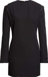 Versace Leather Trim Long Sleeve Wool Grain de Poudre Minidress