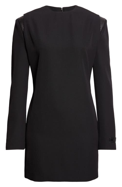 Versace Leather Trim Long Sleeve Wool Grain De Poudre Minidress In Blue