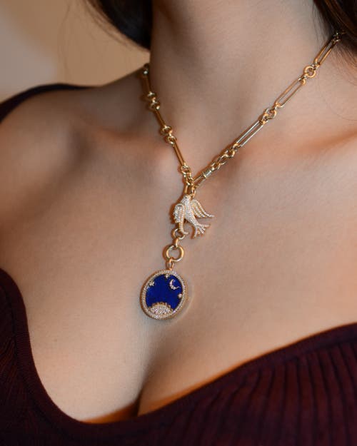 Shop Lionheart 14k Starry Night Lapis Medallion & Lovey Baby Bird Trombone Necklace In Gold