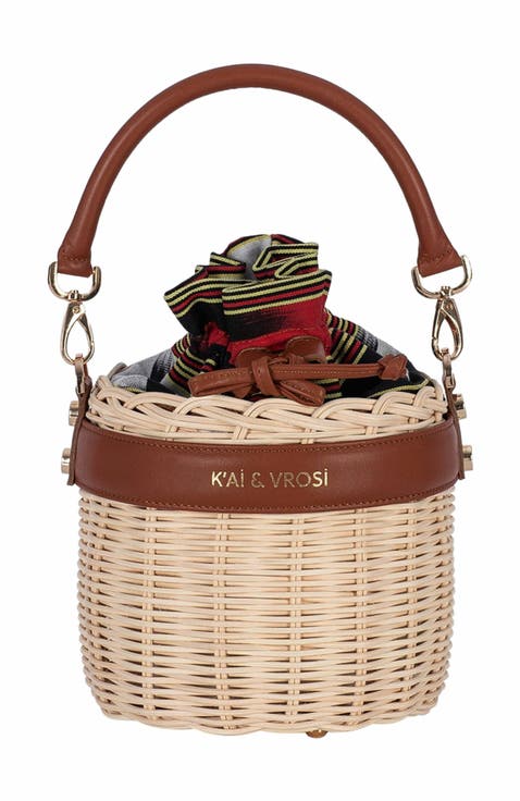 Leather & Straw Bucket Bag with Drawstring