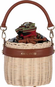 K'ai & Vrosi Leather & Straw Bucket Bag with Drawstring