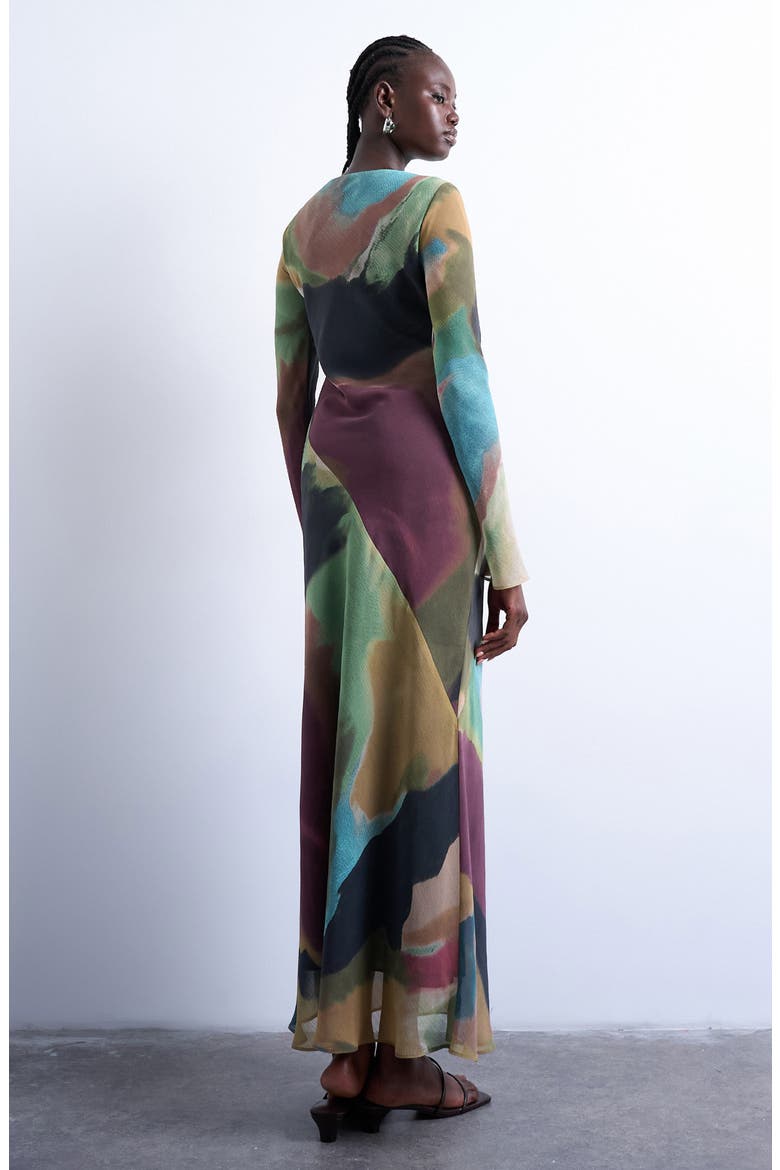 Abstract Print Long Sleeve Chiffon Maxi Dress, Alternate, color, BURGUNDY MULTI