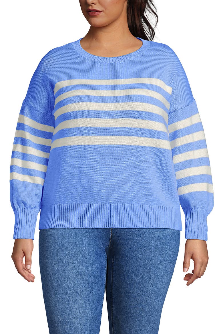 Plus Size Drifter Placed Jacquard Jersey Crew Neck Sweater, Main, color, Clear Blue/Ivory Placed Stripe