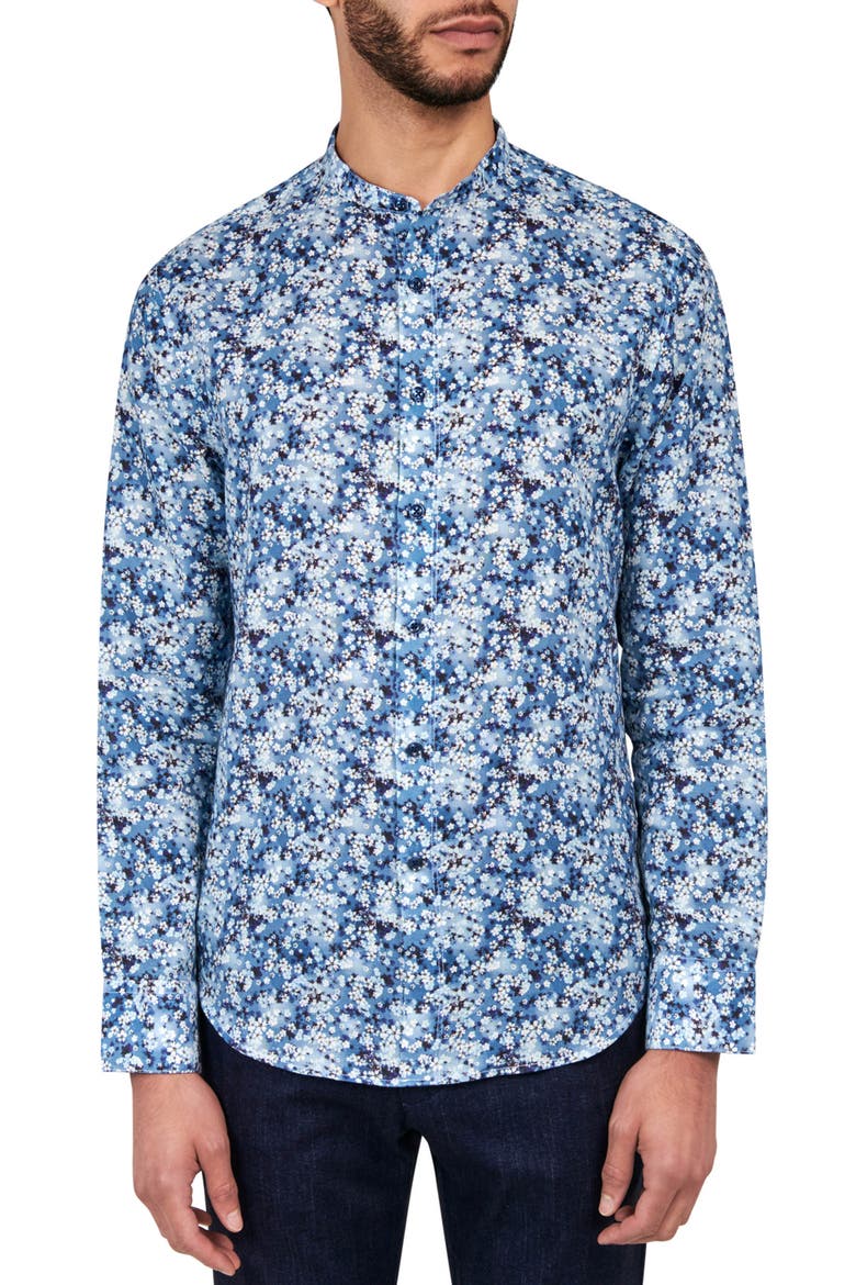 Poplar Cherry Blossom Floral Linen & Cotton Shirt, Main, color, BLUE