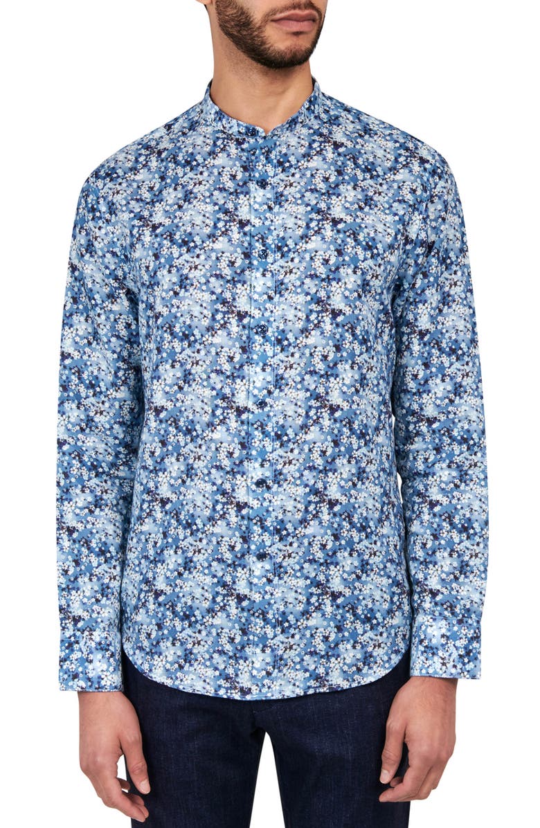 Brooklyn Brigade Poplar Cherry Blossom Floral Linen & Cotton Shirt, Main, color, Blue