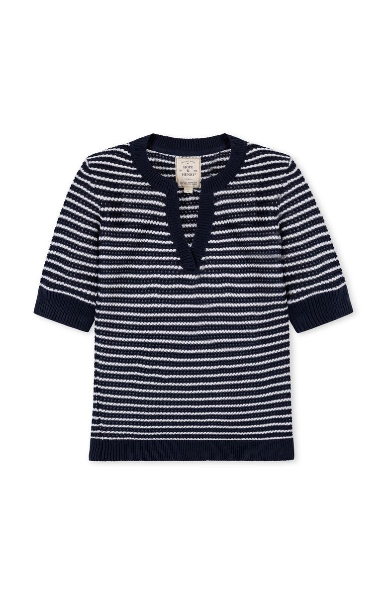 Hope & Henry Organic V-Neck Short Sleeve Sweater, Alternate, color, Navy And White