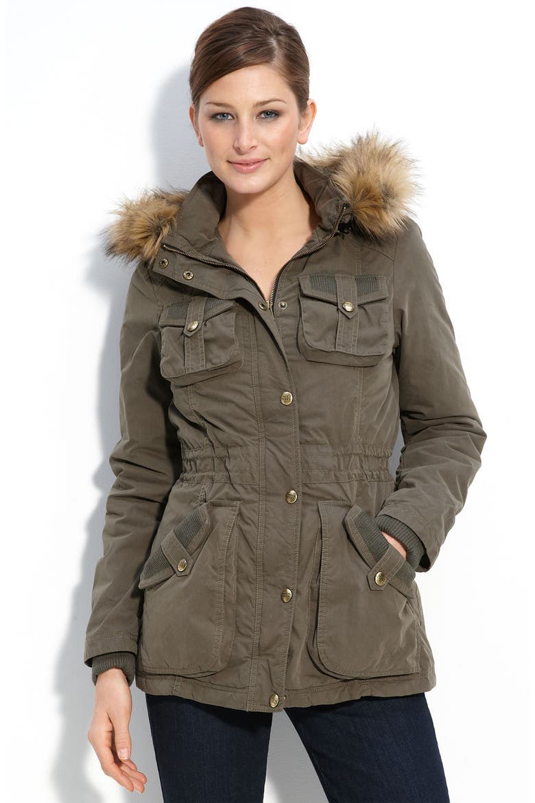 Knit Trim Anorak with Faux Fur Trim, Main, color, ARMY GREEN