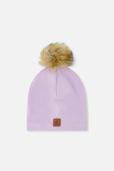 Faux Fur Pompom Logo Patch Jersey Hat