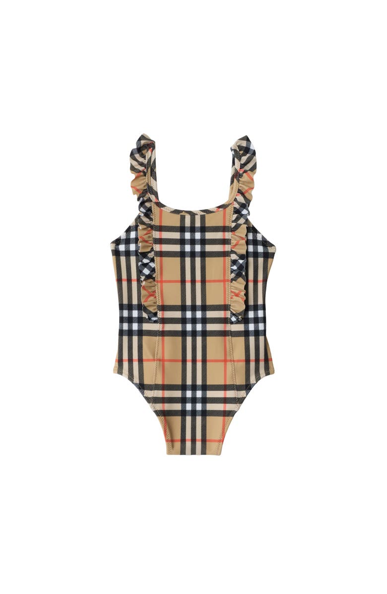 Burberry Ruffle Trim Check Swimsuit, Main, color, Sand Beige