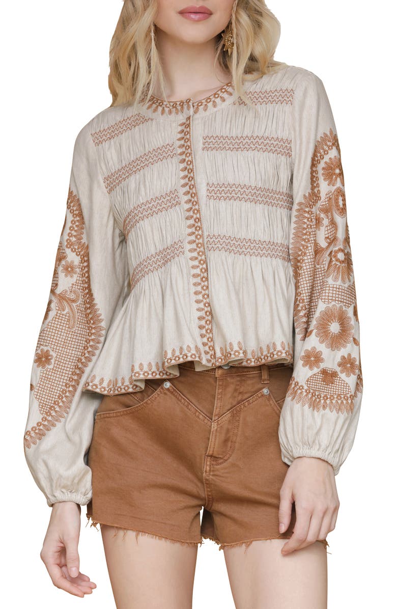 Avec Les Filles Embroidered Peplum Top, Main, color, Ecru-Terracota