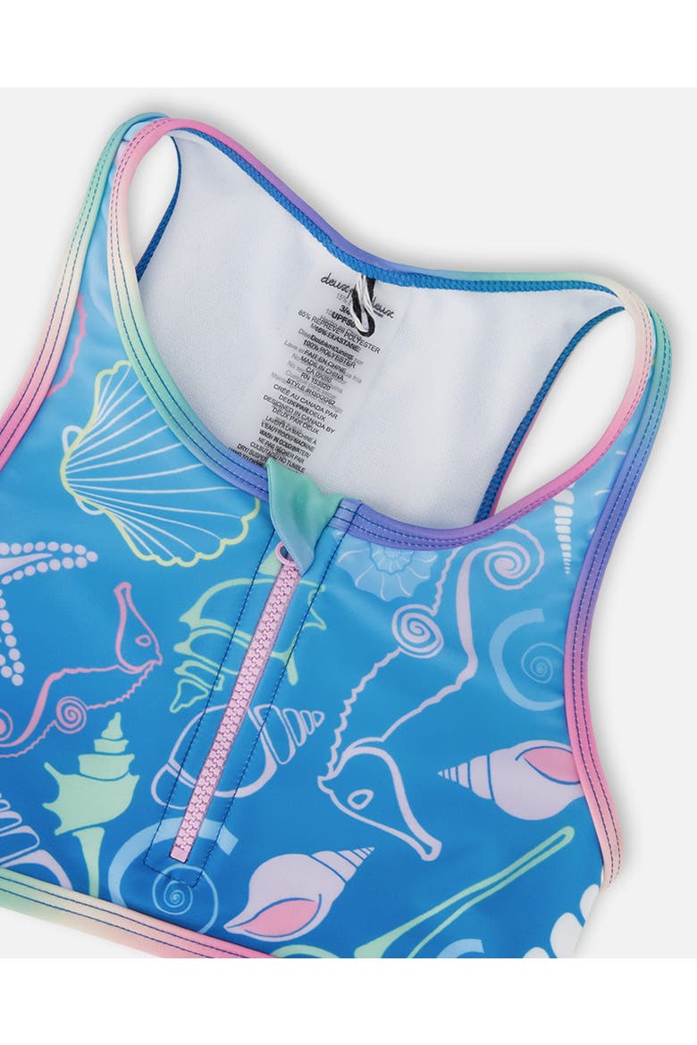 Two-Piece Sporty Crop Top Shell Swimsuit, Alternate, color, Blue Seashell Print