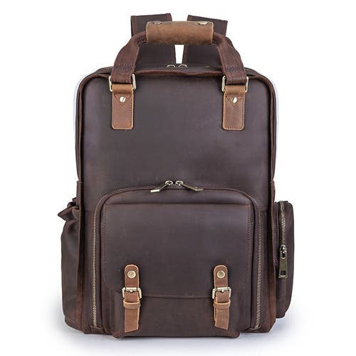 Steel Horse Leather The Gaetano | Large Leather Backpack Camera Bag With Tripod Holder In Dark Brown