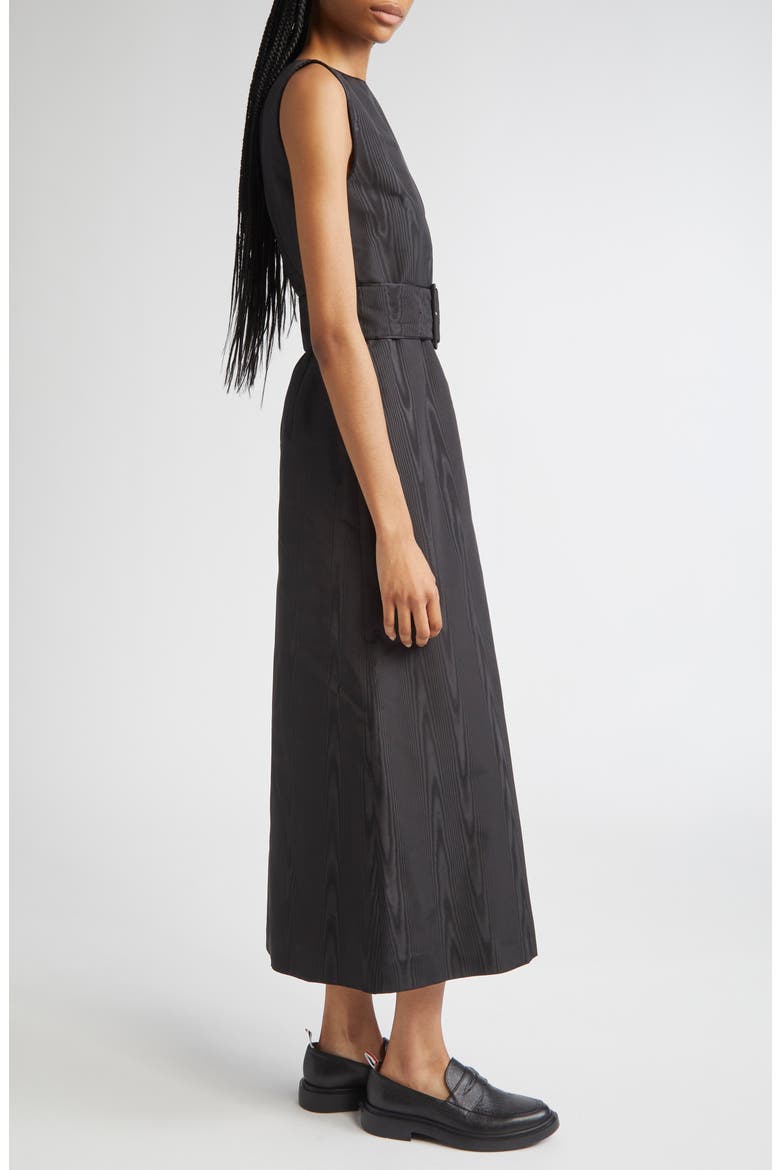 Bateau Neck Silk Moiré Belted Dress, Alternate, color, BLACK