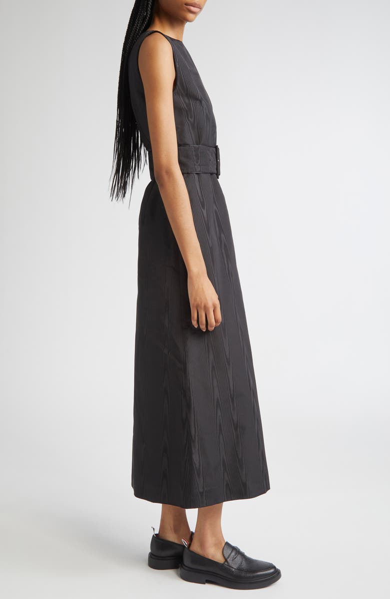 Thom Browne Bateau Neck Silk Moiré Belted Dress, Alternate, color, Black