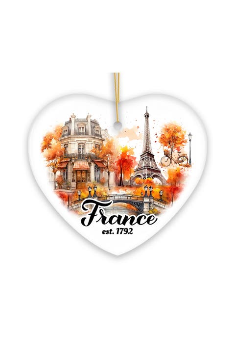 Autumn Paris Eiffel Tower Watercolor Heart Ornament