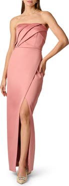 Aidan Mattox Pleat Detail Strapless Duchess Satin Column Gown