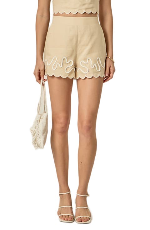 Embroidered Wavy Linen Shorts