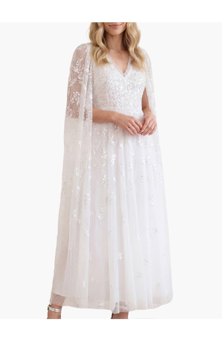 Needle & Thread Freesia Shimmer Cape Sleeve Ankle Gown, Main, color, Swan White/Pink