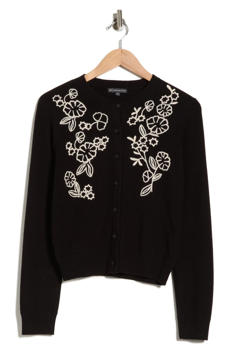 Floral Embroidered Crop Cardigan, Alternate, color, BLACK/ CREAM