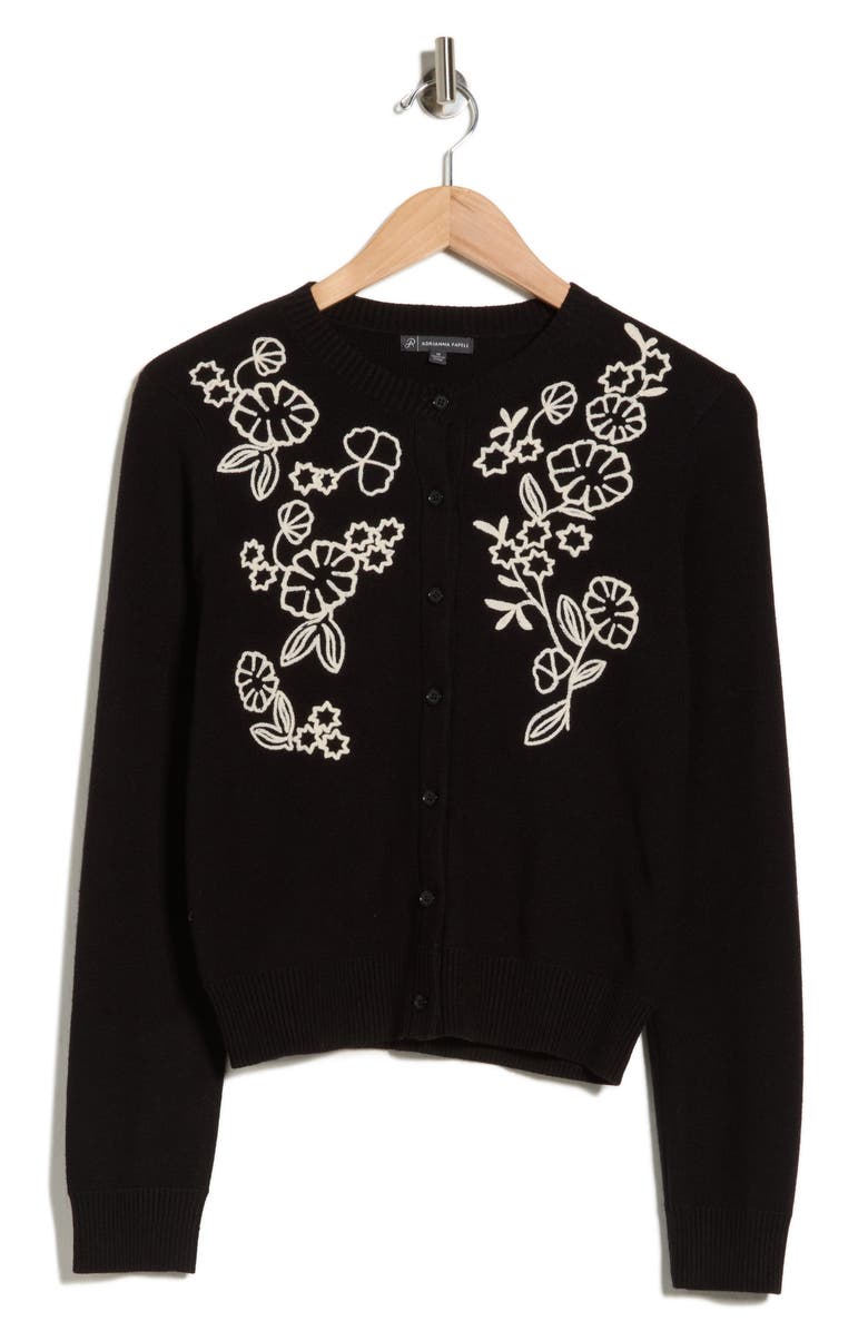 Adrianna Papell Floral Embroidered Crop Cardigan, Alternate, color, Black/ Cream
