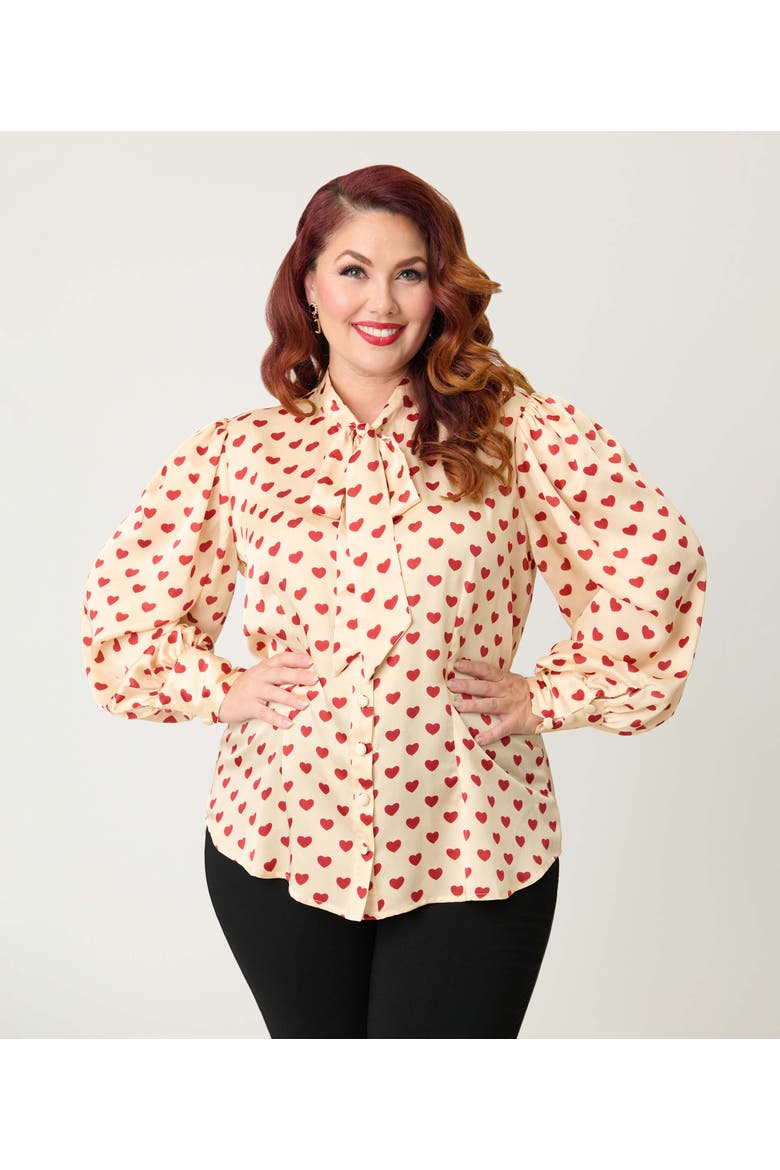 Plus Size Long Sleeve Neck Tie Gwen Blouse, Alternate, color, Champagne & Red Hearts