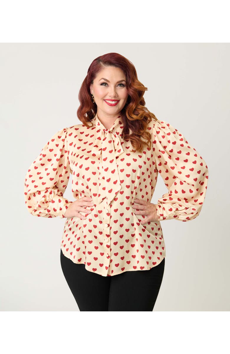Unique Vintage Plus Size Long Sleeve Neck Tie Gwen Blouse, Alternate, color, Champagne & Red Hearts