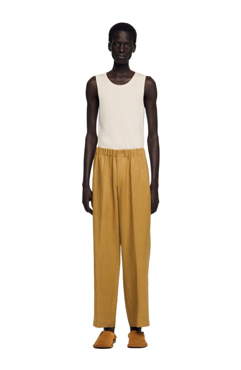 SANDRO Wide-leg elasticated linen trousers, Main, color, Nut