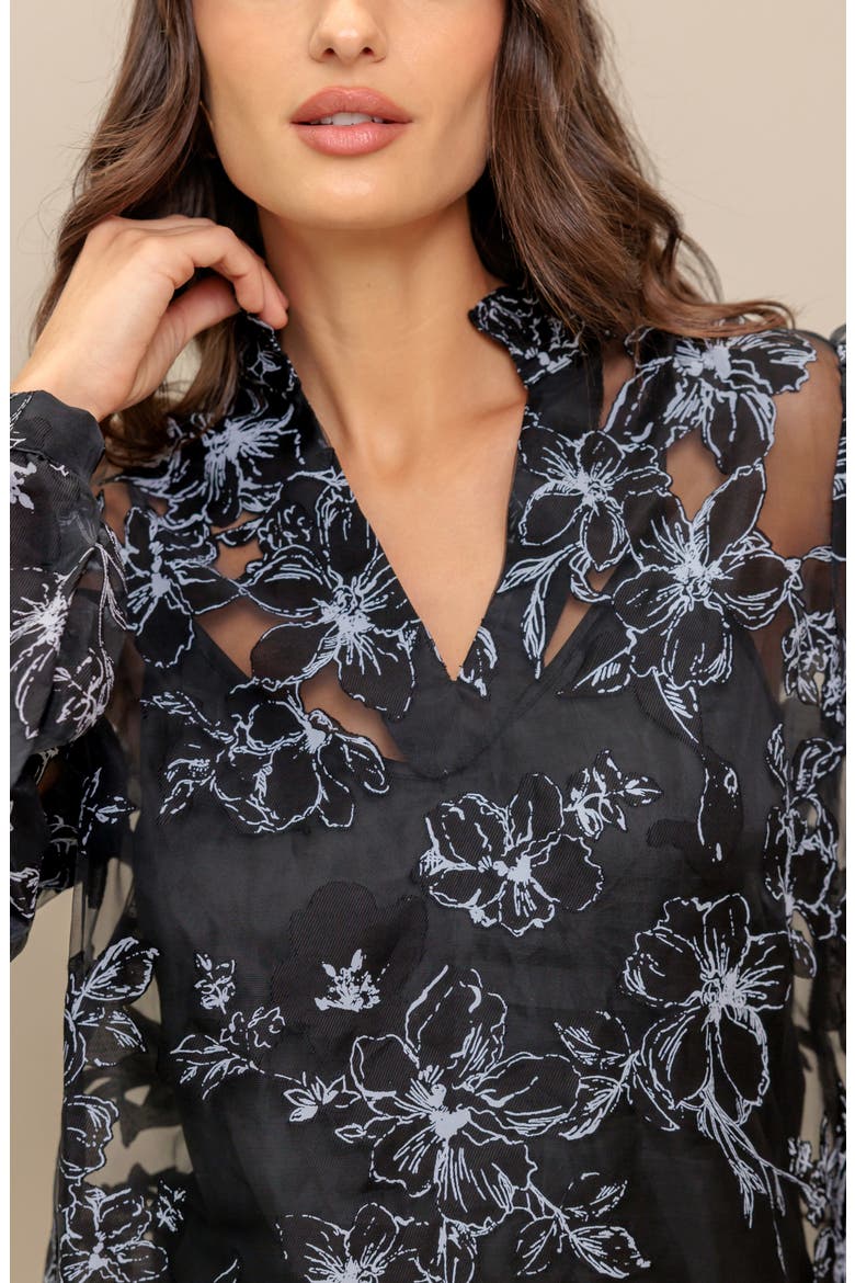 Print Organza Button-Up Shirt, Alternate, color, BLACK