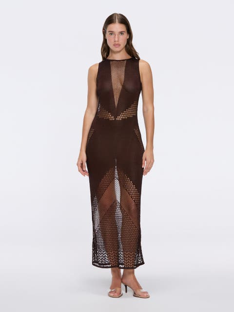 Nerida Mesh Knit Ankle-Length Dress with Fringe Details