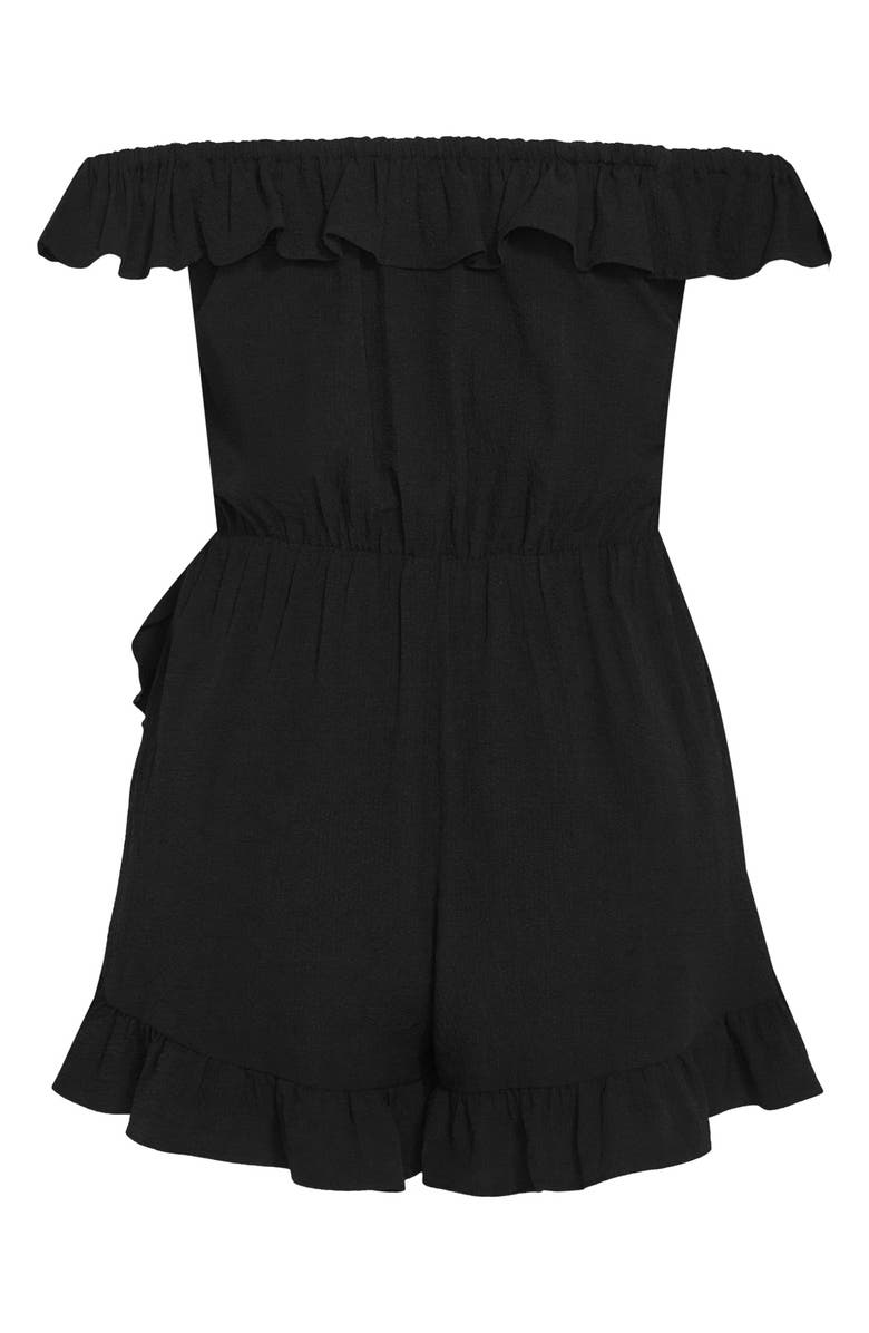 City Chic Christa Ruffle Crepe Romper, Alternate, color, Black