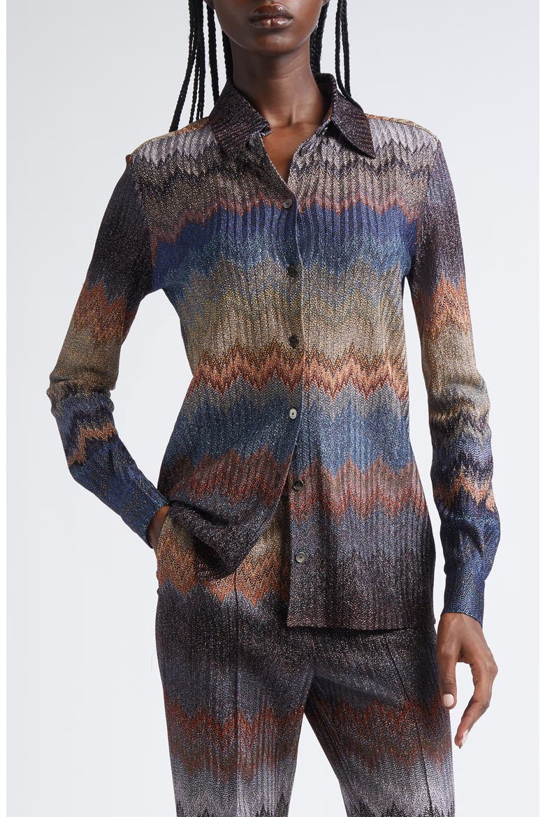 Metallic Snake Zigzag Button-Up Shirt, Main, color, MICRO CHECK BLUE TONES