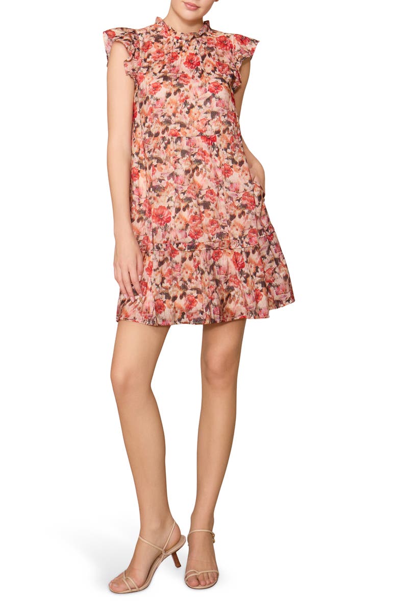 MELLODAY Floral Flutter Sleeve Tiered Dress, Main, color, Ivory Multi