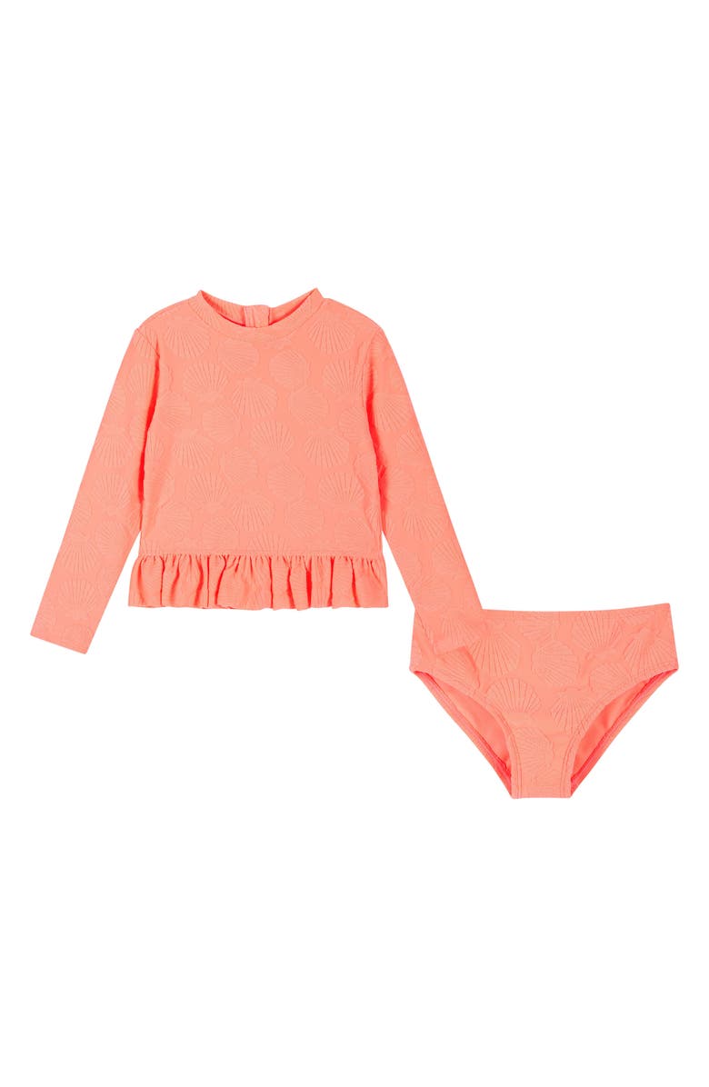 Andy & Evan Kids' Long Sleeve Peplum Two-Piece Rashguard Swimsuit, Main, color, Orange Neon