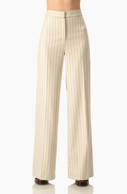 Pinstripe Wide-Leg, High-Waist Tailored Pants
