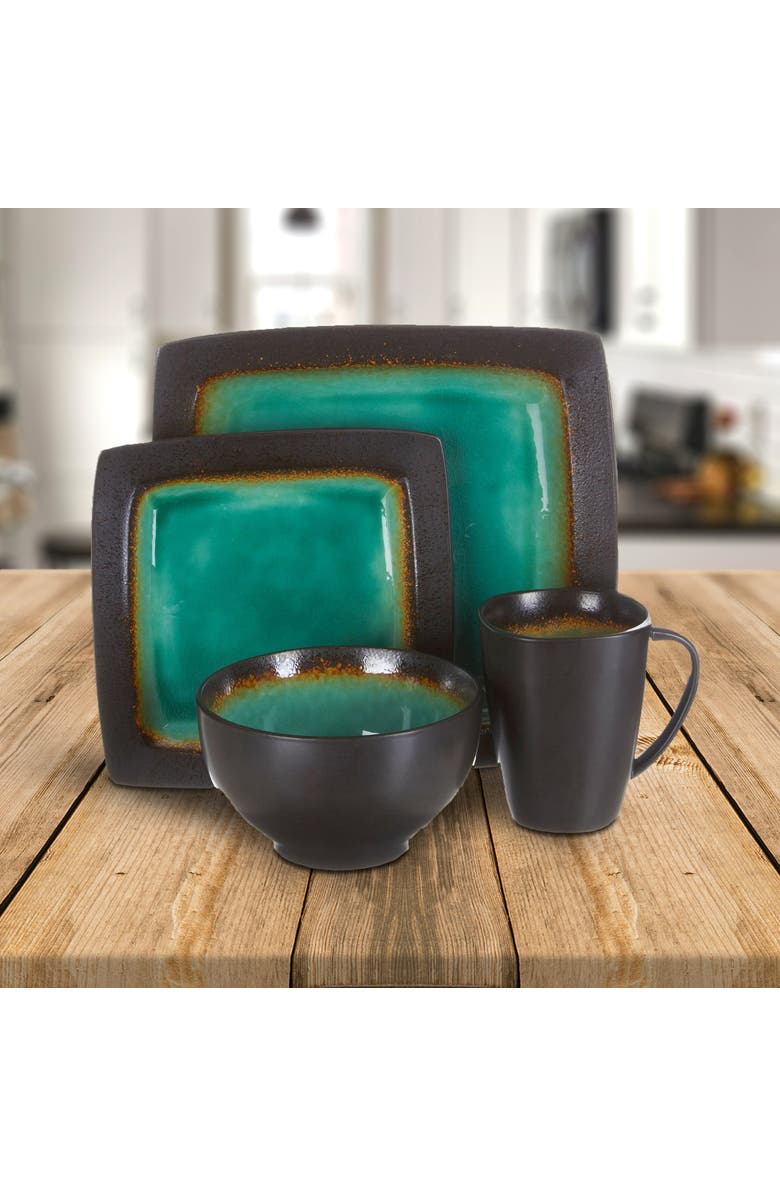 Gibson Ocean Paradise 16 Piece Square Stoneware Dinnerware Set in Jade, Alternate, color, Black