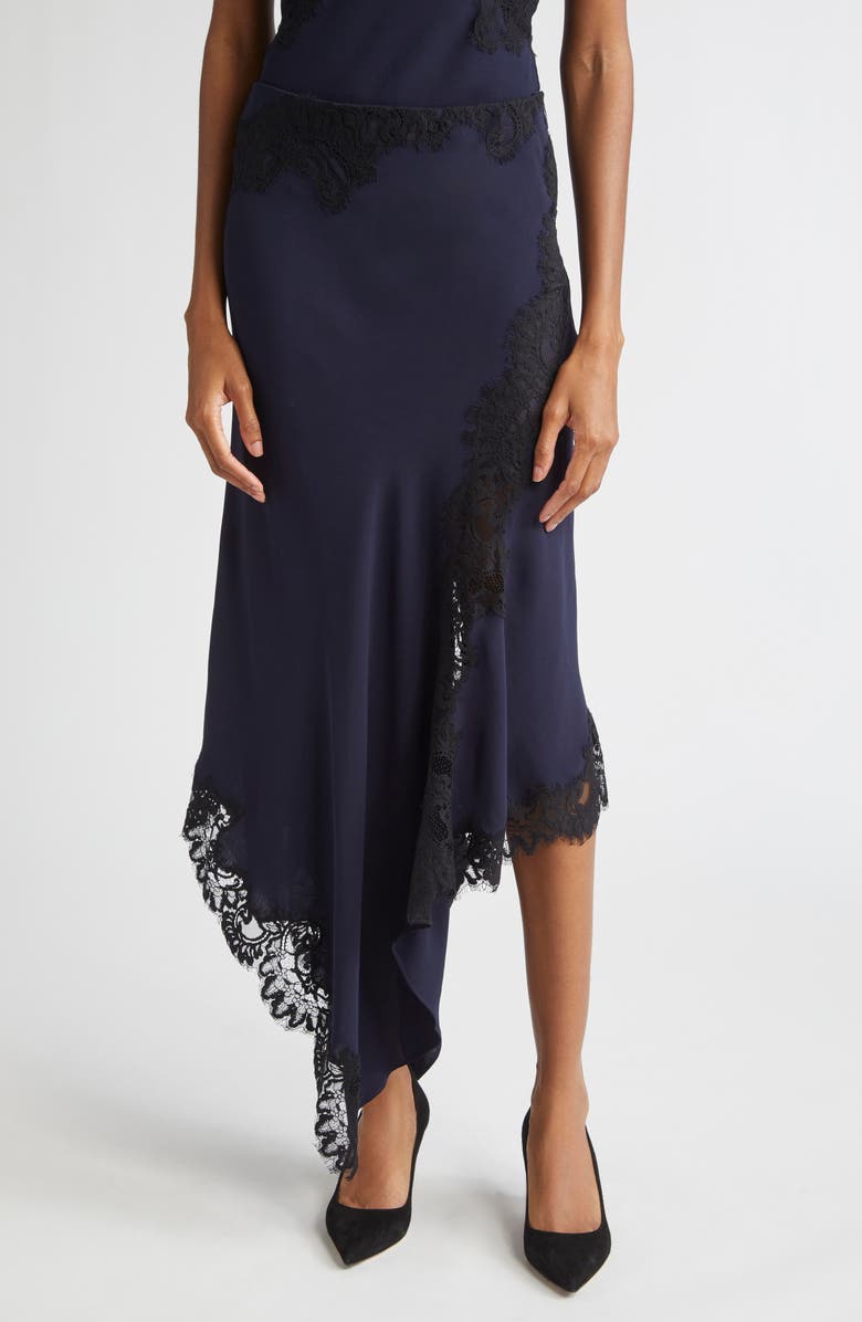 Veronica Beard Hartley Lace Detail Asymmetric Slip Skirt, Main, color, Navy