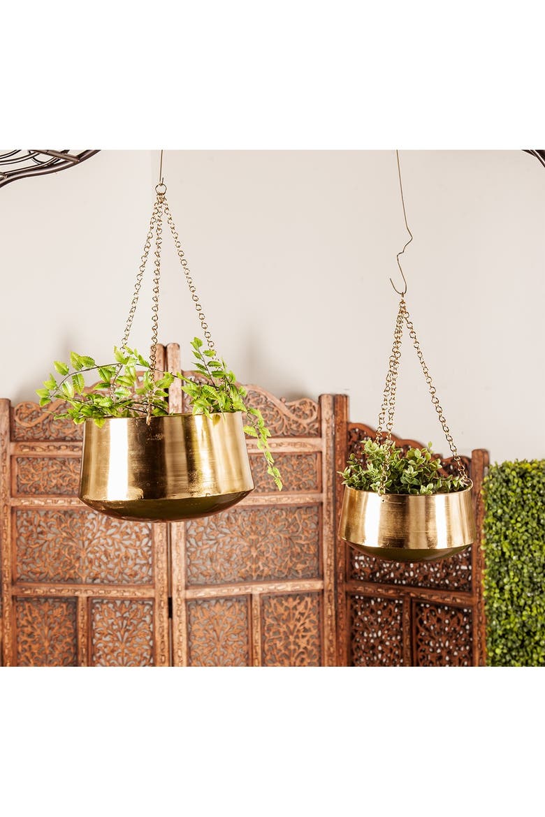 Goldtone Metal Indoor & Outdoor Hanging Dome Wall Planter with Chain - Set of 2, Alternate, color, GOLD