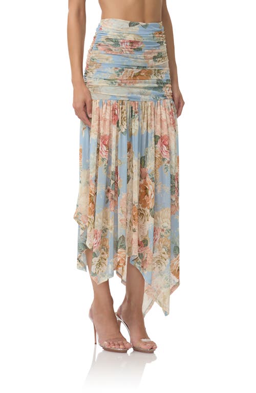Afrm Estella Ruched Handkerchief Hem Midi Skirt In Blue