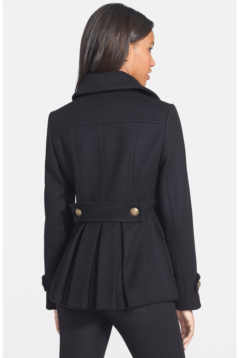 Double Breasted Wool Blend Skirted Peacoat, Alternate, color, BLACK