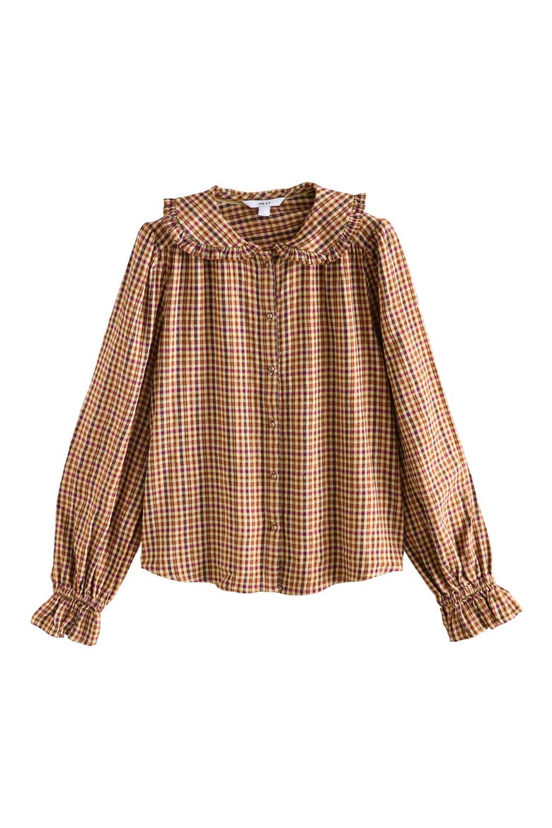 Check Ruffle Collar Button-Up Shirt, Alternate, color, BROWN
