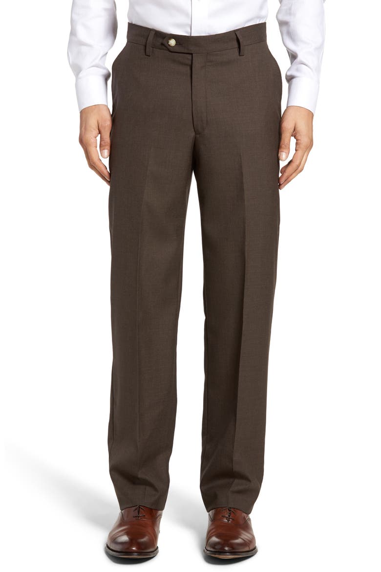 Lightweight Plain Weave Flat Front Classic Fit Trousers, Main, color, BROWN