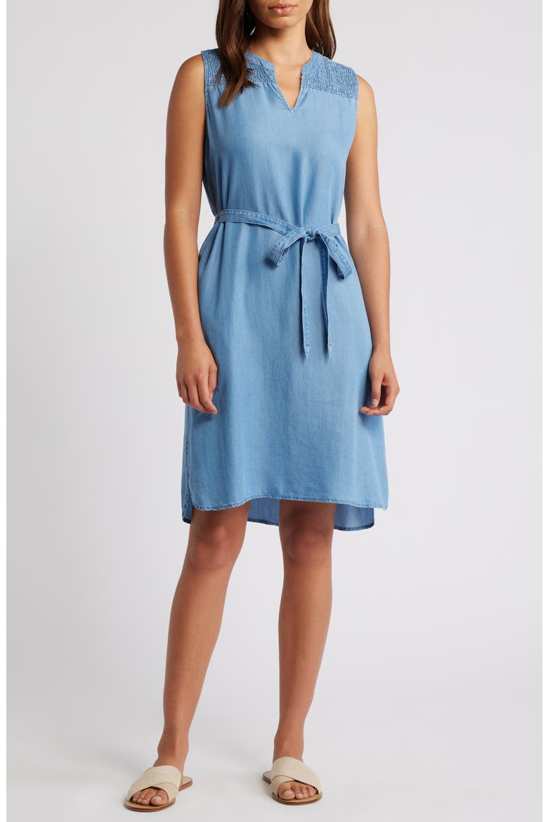 Riri Smocked Yoke Tie Waist Sleeveless Chambray Dress, Main, color, MEDIUM WASH