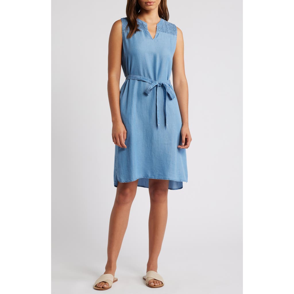 beachlunchlounge Riri Smocked Yoke Tie Waist Sleeveless Chambray Dress in Medium Wash
