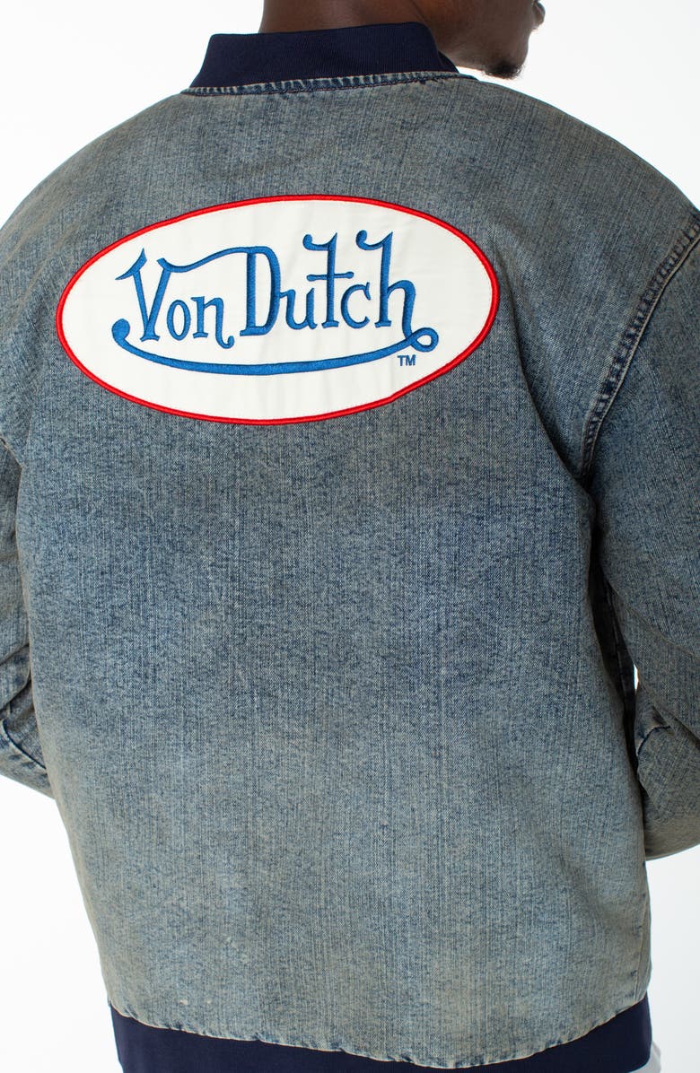 Von Dutch Bones Denim Bomber Jacket, Alternate, color, Hazestone