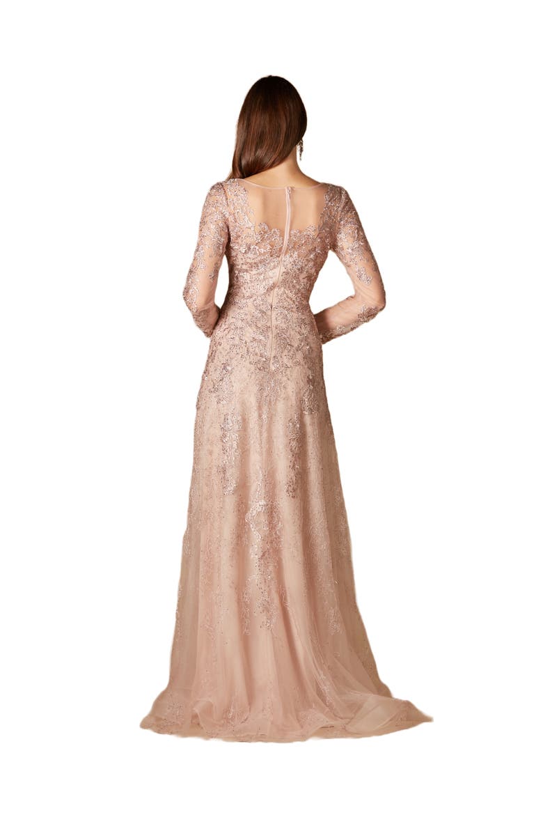 Long Bell Sleeve V-Neck Beaded Gown, Alternate, color, Blush